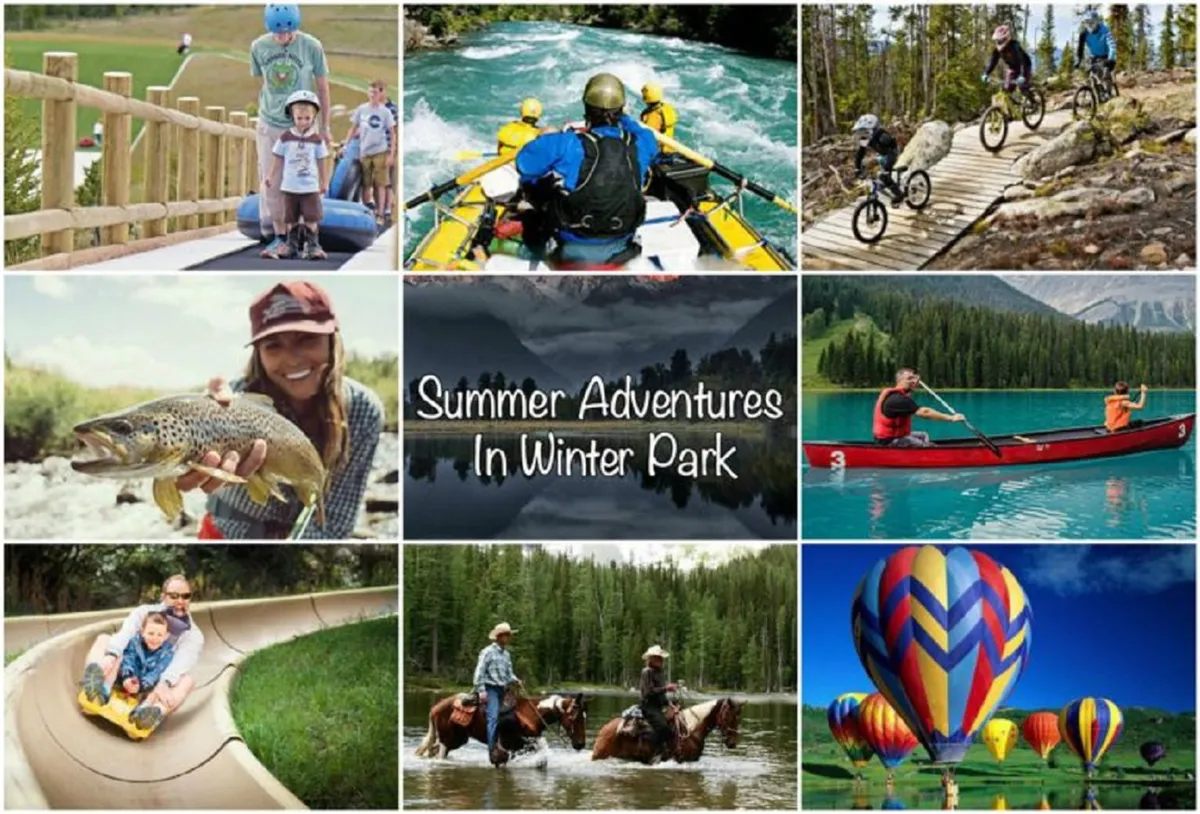 A vibrant scene showing families and groups enjoying a range of outdoor summer activities, including white-water rafting, biking on scenic trails, kayaking, fishing, and even hot air ballooning. The backdrop features mountains, clear skies, and natural lakes, creating an energetic and inviting summer adventure atmosphere.