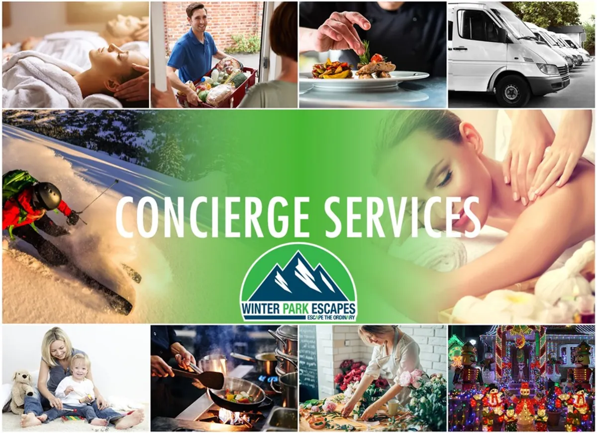 This collage-style image features scenes of spa treatments, gourmet meal prep, grocery delivery, family bonding, skiing, and festive decor. It visually represents a wide array of resort-style services and included adventures, from in-room massage to holiday gatherings and active outings.